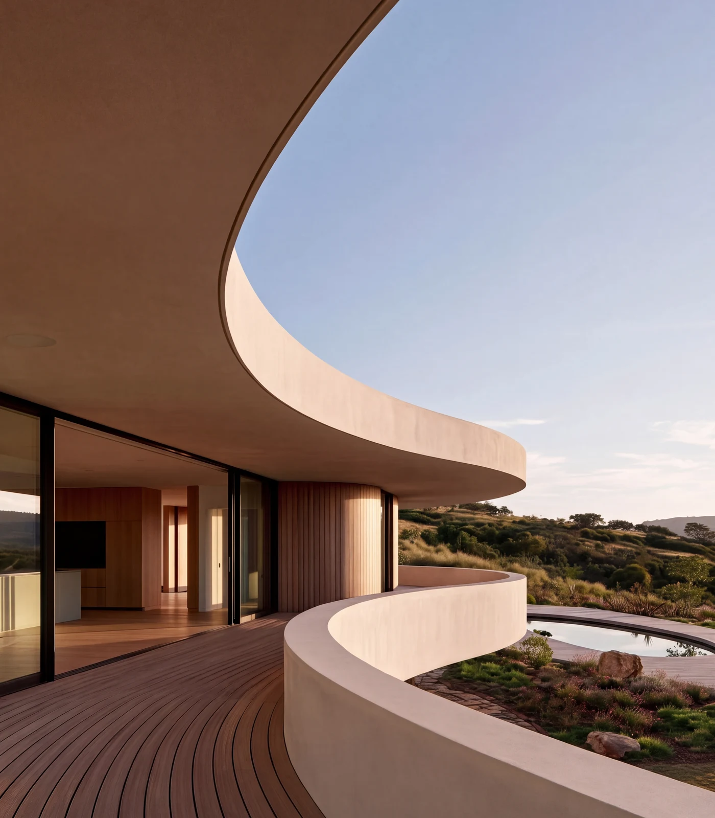 A curved plaster balcony and timber deck overlooking a planted hillside