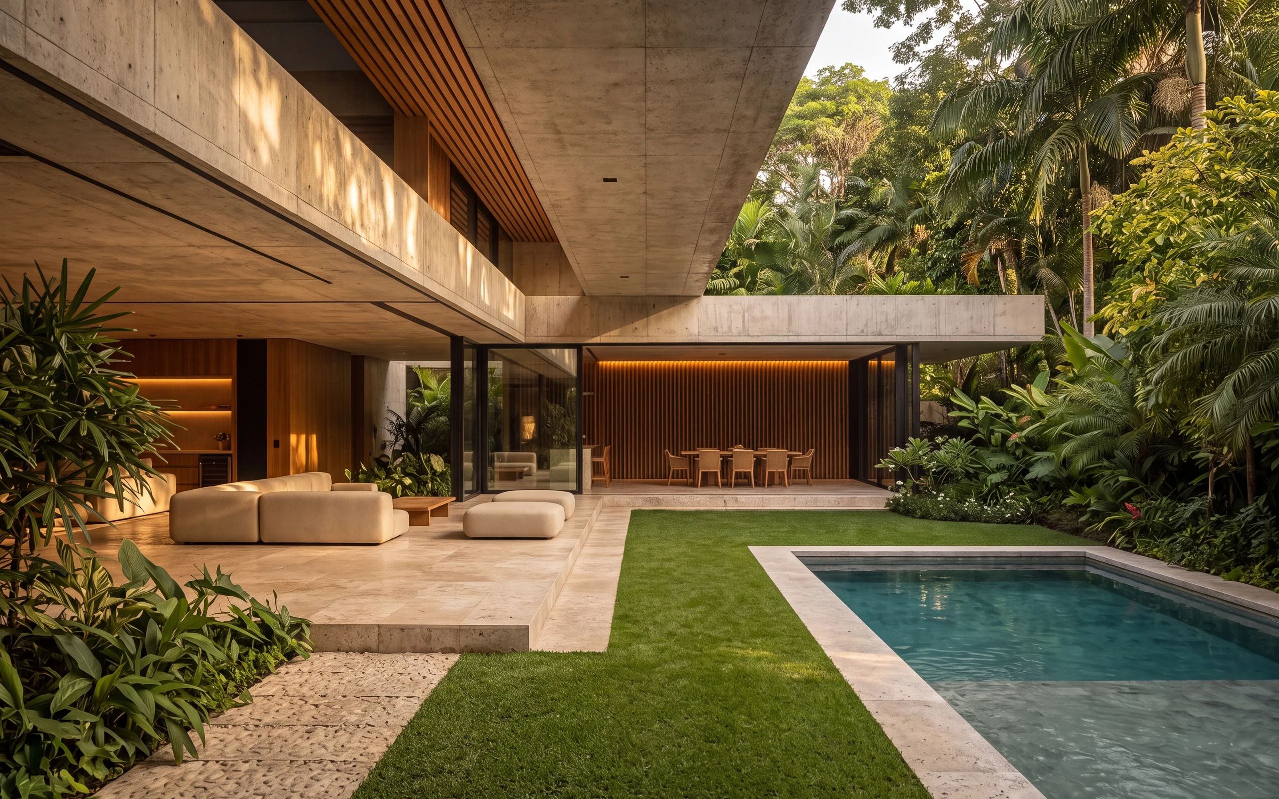 A concrete and timber courtyard home opening onto a lawn and pool surrounded by tropical greenery