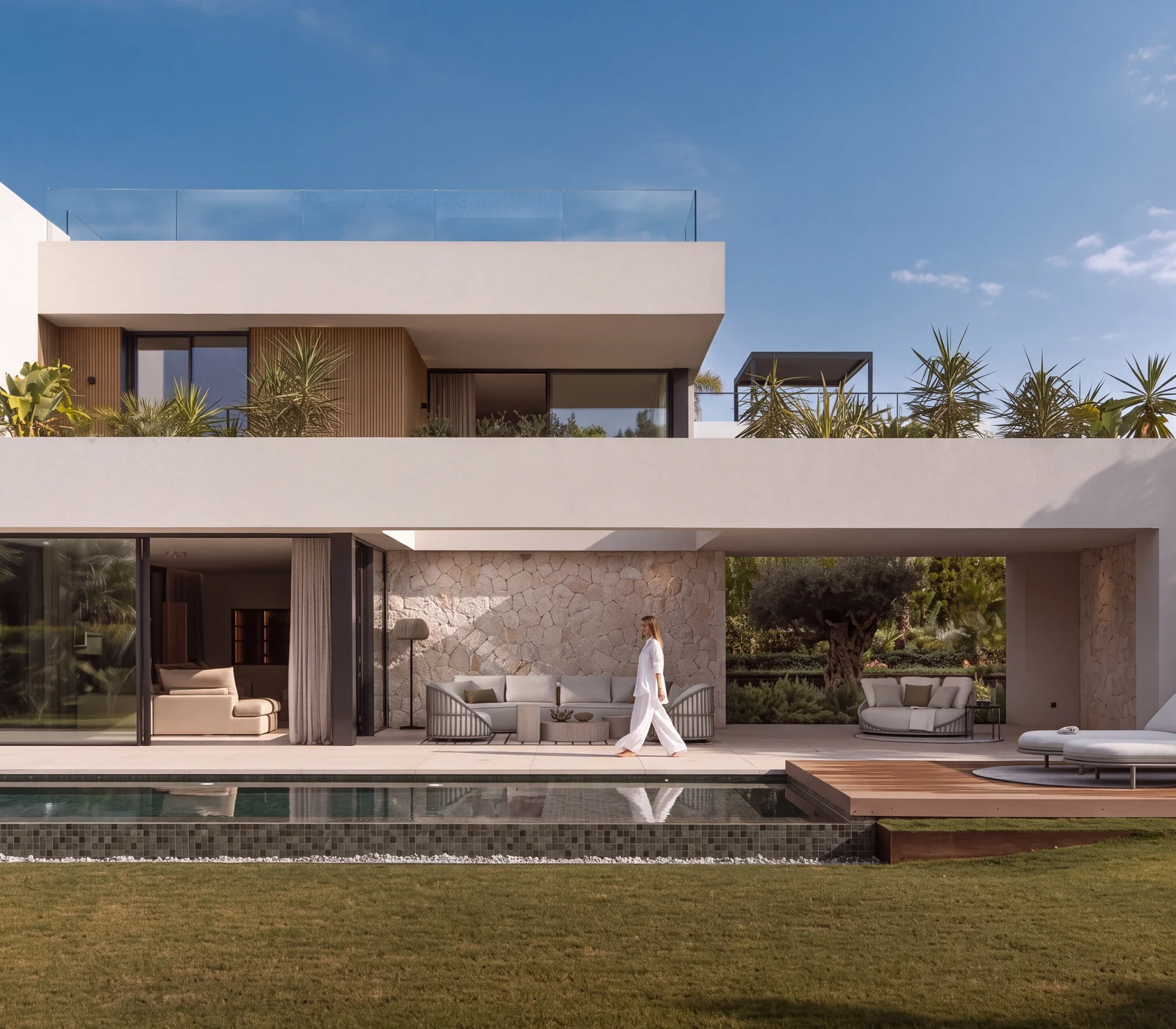A white villa with stone walls and a person walking beside its reflecting pool