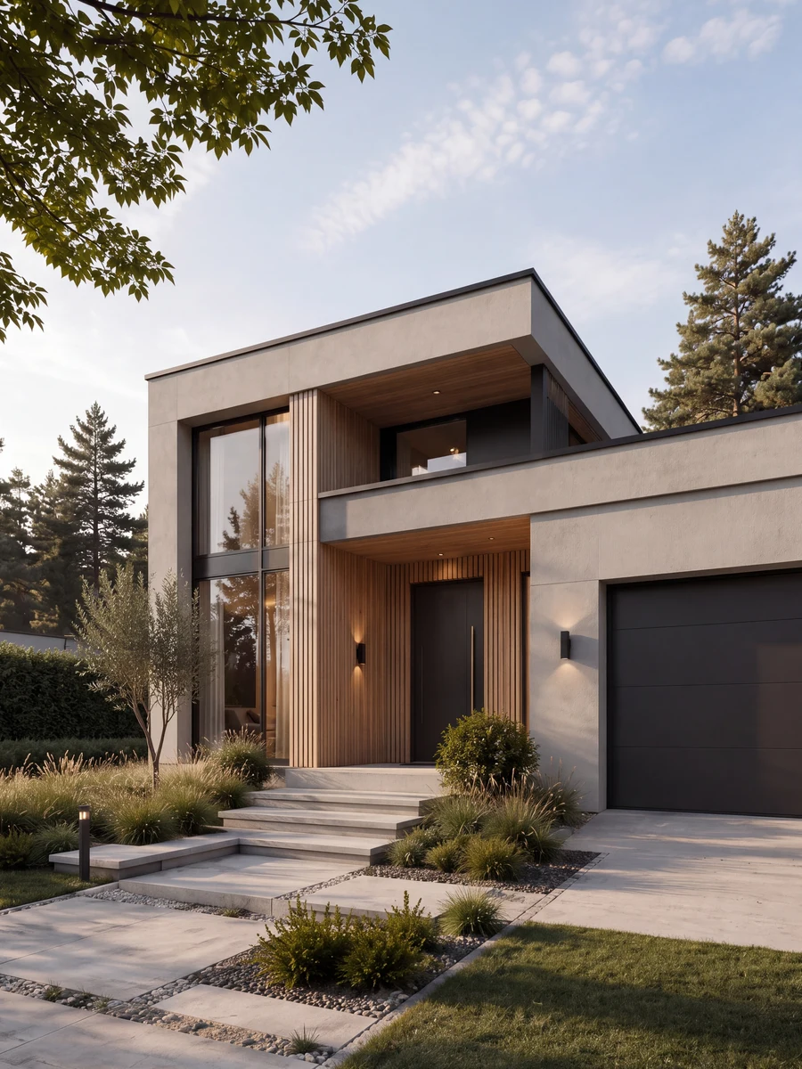 A modern house with timber cladding and tall windows framed by trees