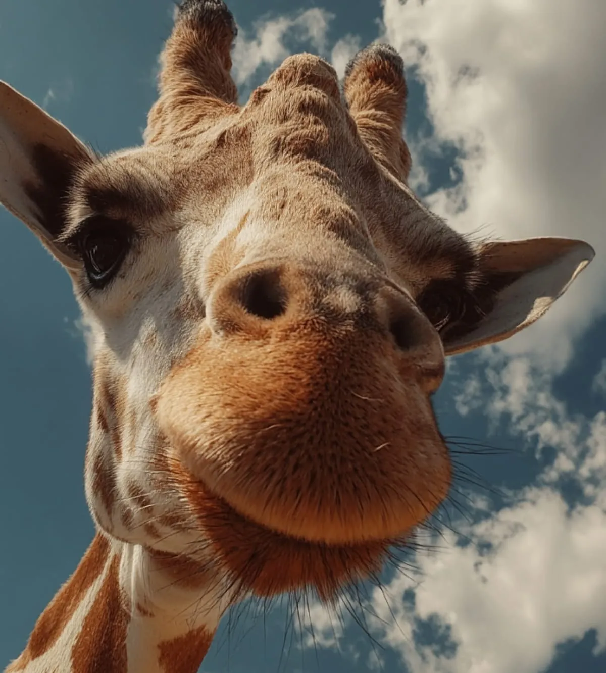 Giraffe looking down toward the camera beneath a cloudy sky