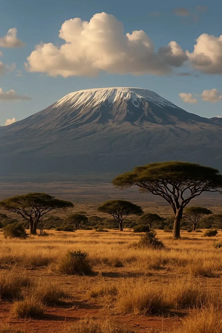 Mount Kilimanjaro beyond acacia trees and golden grassland