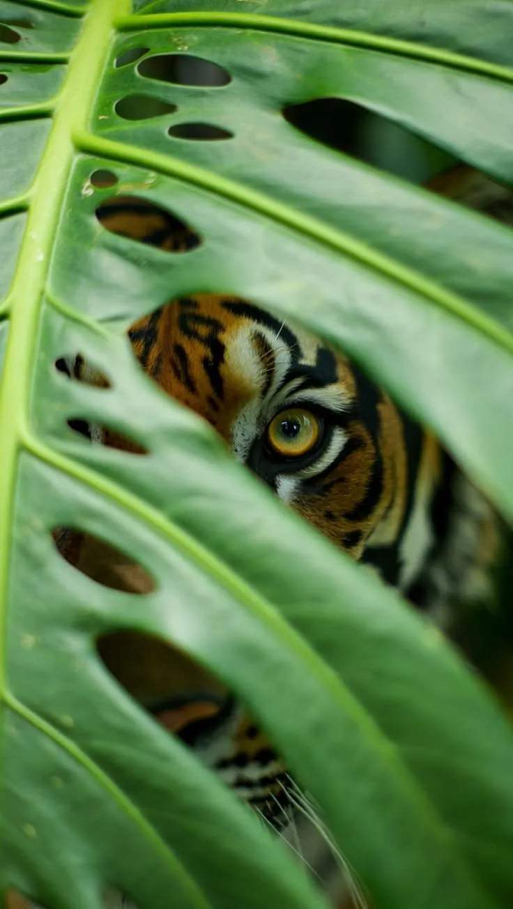 Tiger watching through a large tropical leaf